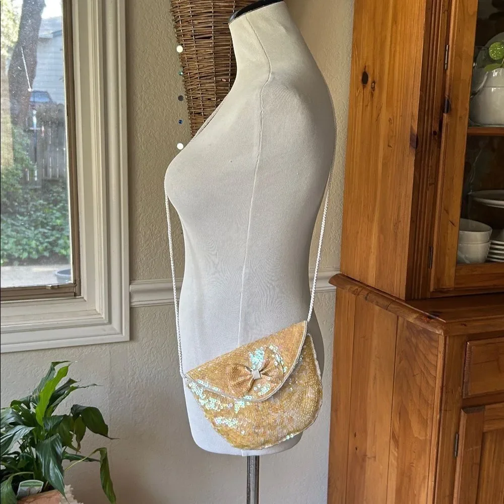 Vintage Shell Kepler Lacy After Noon Iridescent Yellow Sequin Bow Clutch